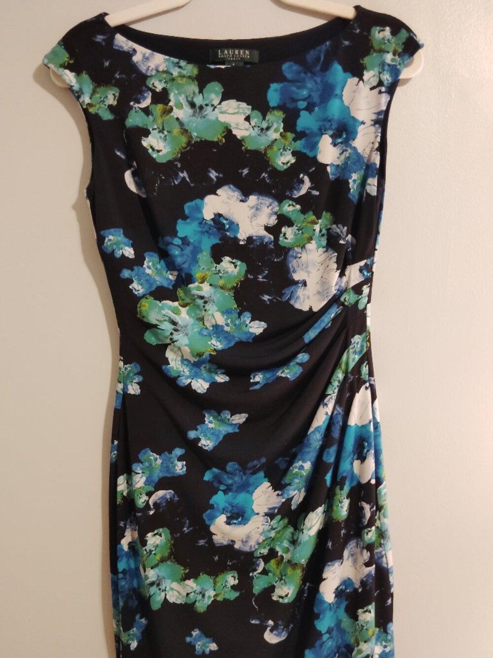 Lauren Ralph Lauren Floral Sleeveless Ruched Stretch Shift Dress Black Blue 4